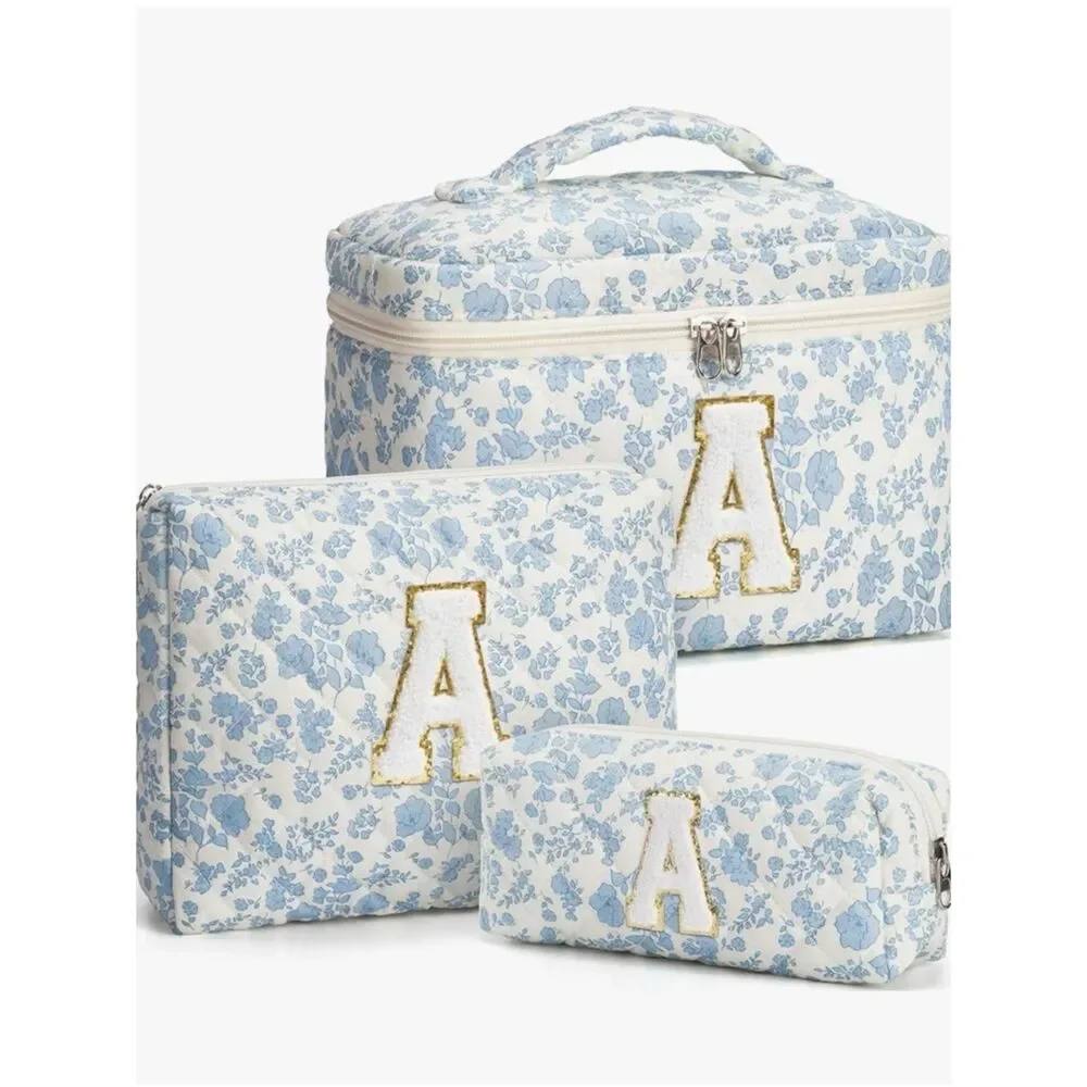 NEW Monogram Floral Cosmetic Set - Blue & White Letter A